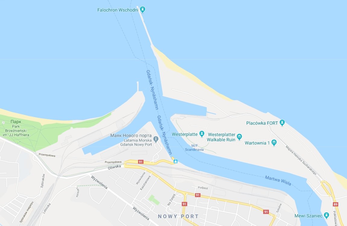 Вестерплатте и маяк на карте Гугла